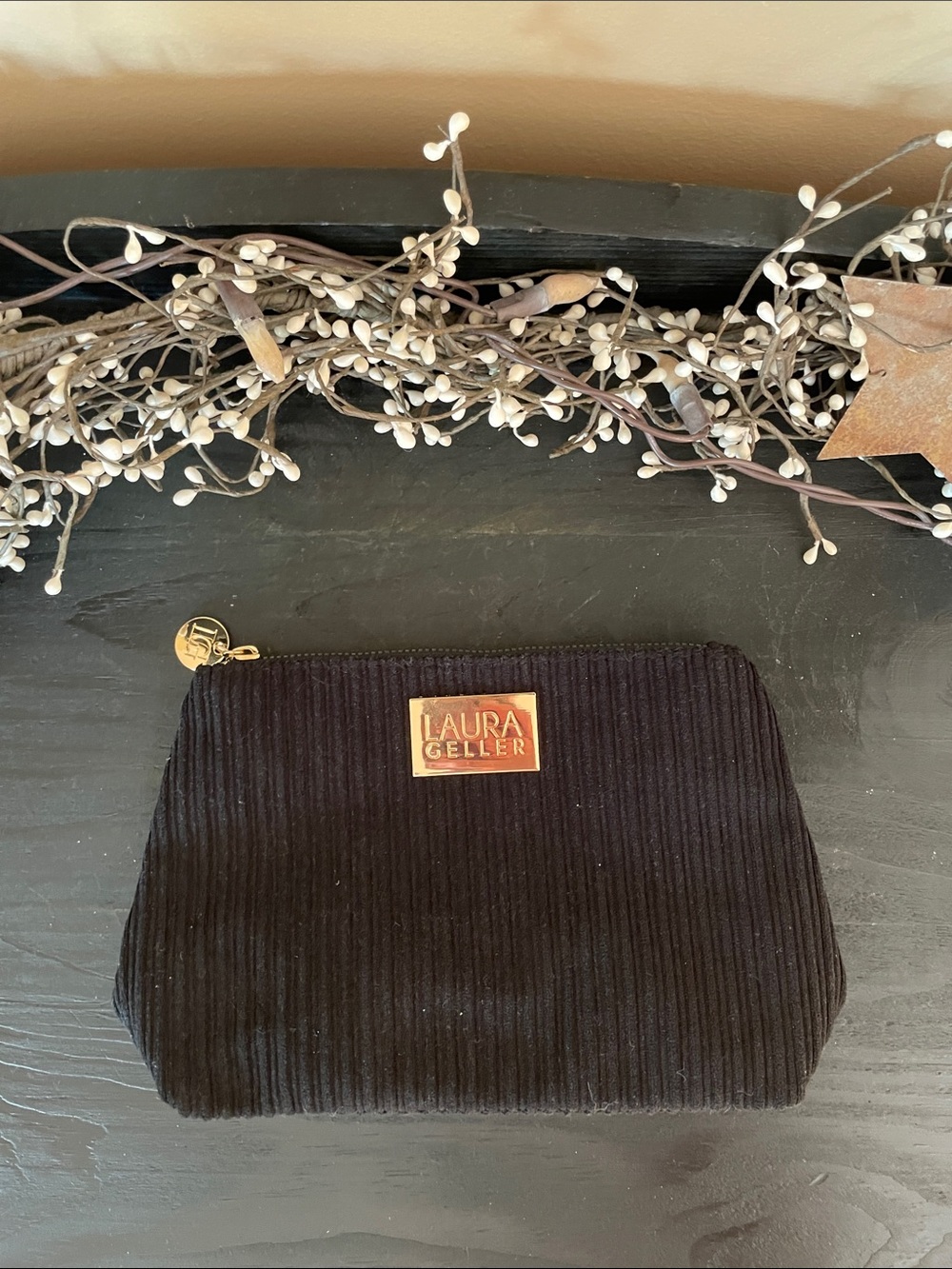 NWOT Laura Geller Black Corduroy Cosmetic Pouch with Gold Logo